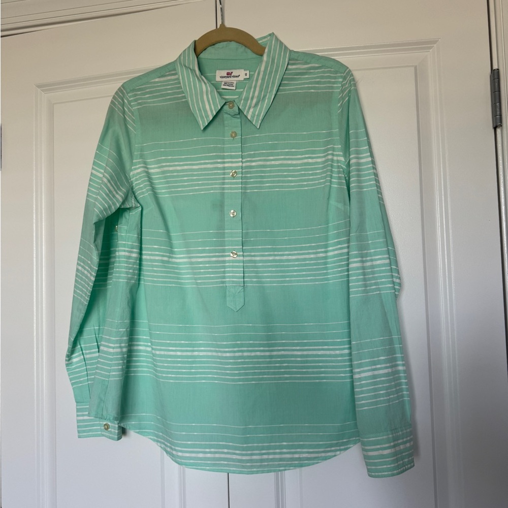 Vineyard Vines Women’s 3/4 Button Down Blouse Mint Green and White Size 12 EUC